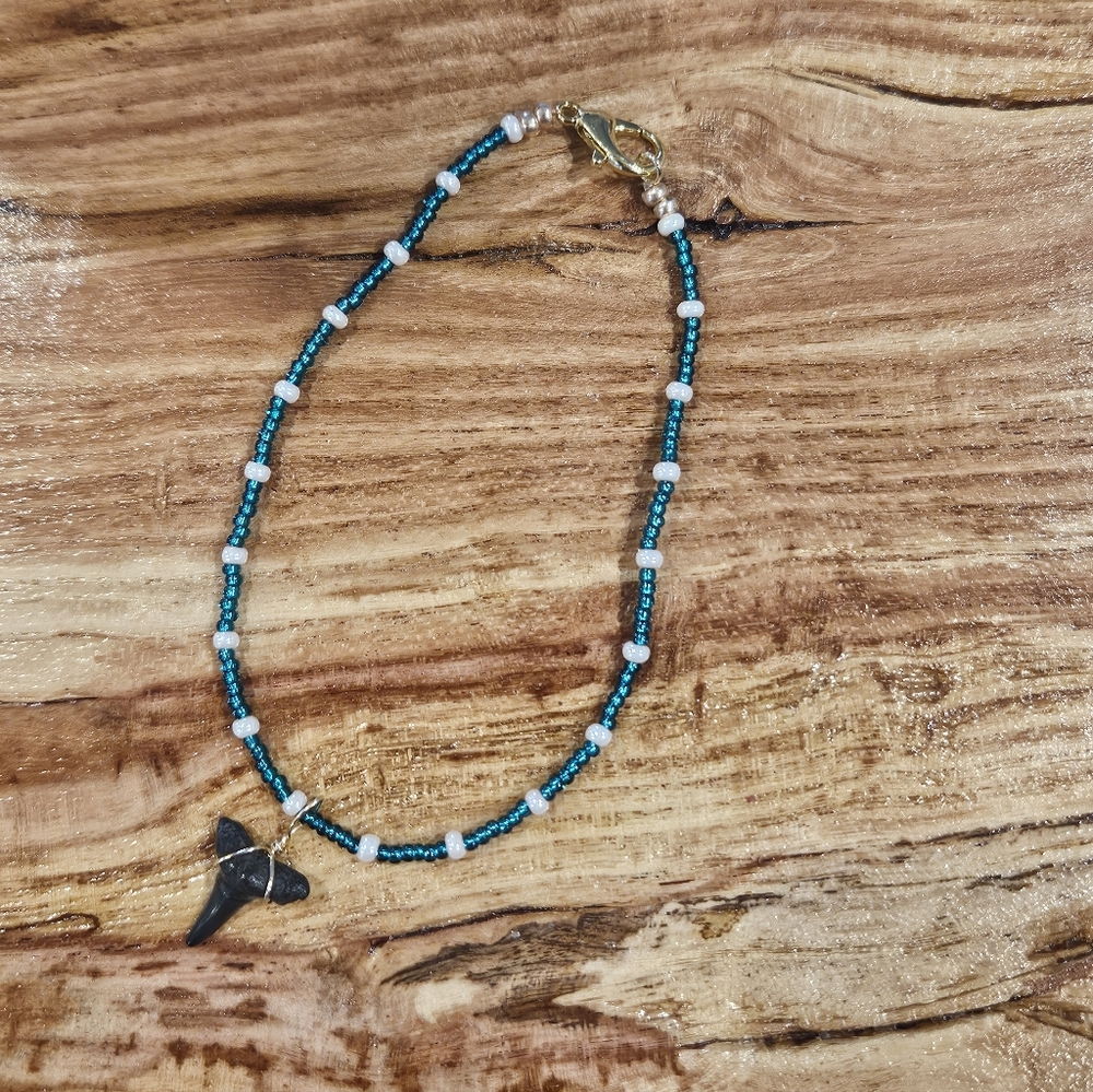 Turquoise and White Beaded Ankle Bracelet with Lemon Shark Tooth Pendant